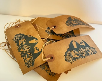 Craft supply, coffee dyed tags, hang tags, crafting tags, Halloween tags, witches, set of 12, stenciled tags, primitive holiday decor tags