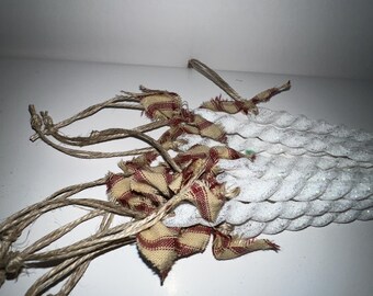 White icicles, set of 12, twisted plastic, fine sparkles, hemp hanger, homespun fabric, Christmas tree ornaments,  package tie, winter decor