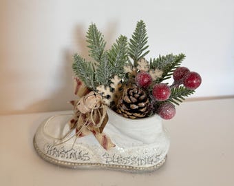 Vintage baby shoe, Christmas baby shoe, white leather shoe, Christmas Blessings, Christmas decor, vintage collector, tiered tray, repurposed