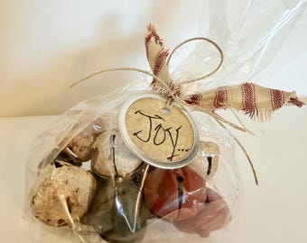 Craft supply, jingle bells, primitive bells, painted bells, package ties, Christmas bells, holiday bells, set of 12