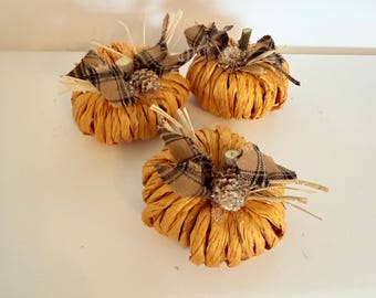 Fall pumpkins, raffia pumpkins, Thanksgiving decor, harvest decor, set of 3, bowl fillers, tiered tray, jar filler, primitive fall decor