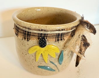Sunflower crock, fall crock, Battery pillar holder, tiered tray, harvest decor, sunflower collector, crock collector, business card holder