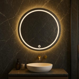 May include: A circular, backlit bathroom mirror with a glowing border and a power symbol. It's mounted on a dark marble wall above a white sink and gold taps. A soap dispenser and cup sit on the countertop.
