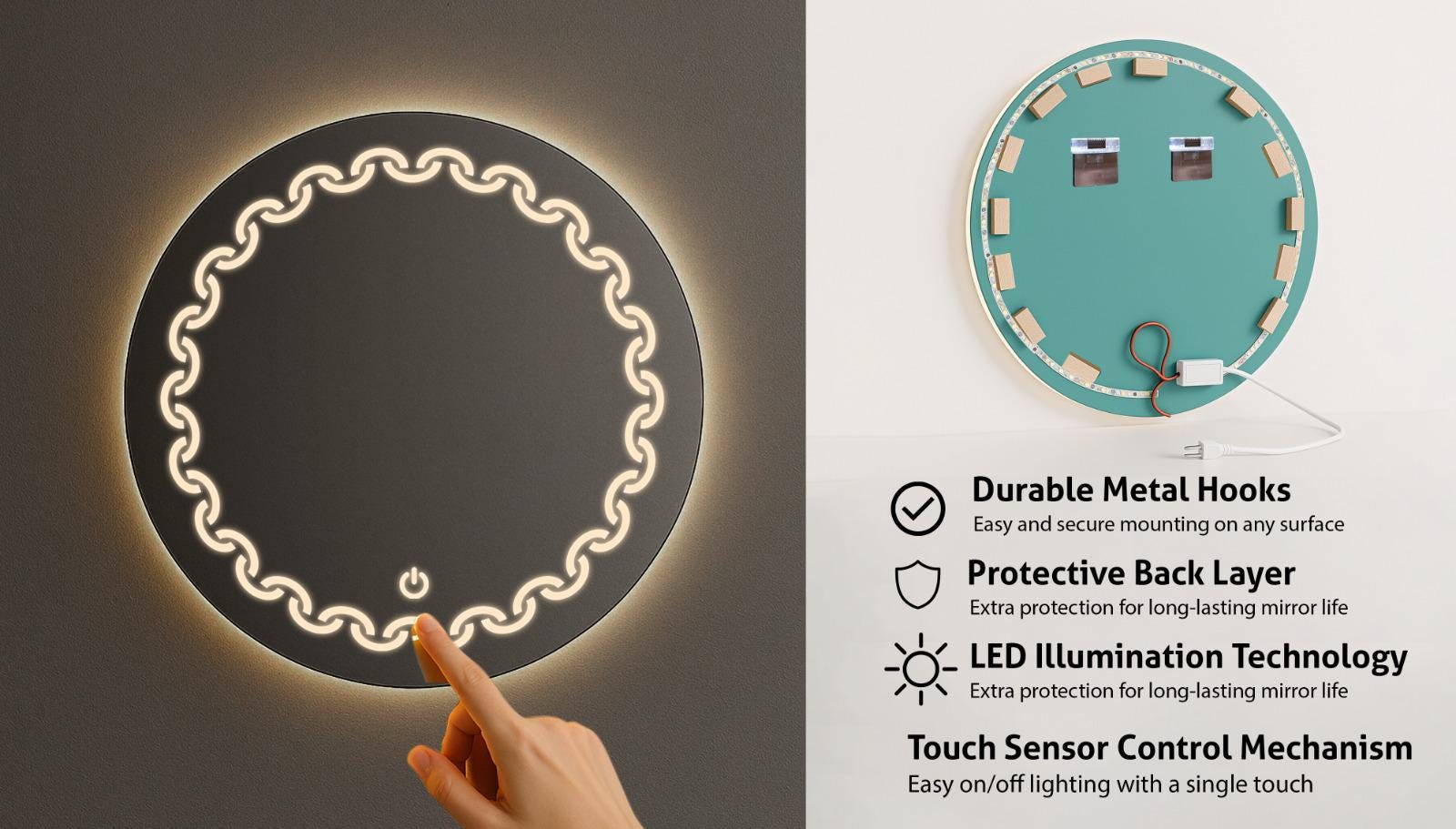 Round LED Touch Mirror With Chain Design – Modern Lighted Wall Vanity ...