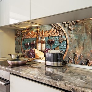 May include: A kitchen backsplash with a decorative design featuring grapes, cheese, wine bottles, and wine glasses. The backsplash is made of glass and has a rustic, vintage look.