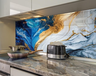 Blue Abstract Tempered Glass Backsplash: Kitchen Stove Cover