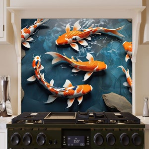 May include: A kitchen backsplash with a colorful image of orange and white koi fish swimming in a blue pond. The fish are in a realistic style and the background is a blue and white abstract design.