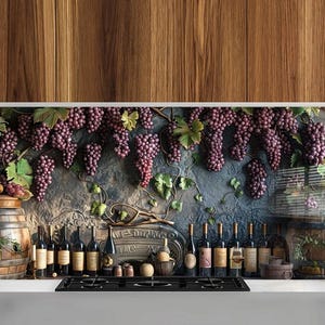 May include: A rustic kitchen scene with a wooden barrel, wine bottles, and grapes hanging from a vine. The background features a wooden wall and a stone wall with a decorative metal sign.
