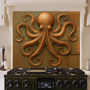 Puede incluir: Escultura de un pulpo de color bronce sobre un fondo verde-marrón. El pulpo tiene tentáculos detallados y una superficie texturizada. La escultura es un elemento decorativo sobre una estufa negra.