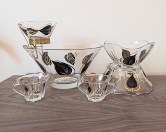 Vintage Chip & Dip Bowl Serving Set, Clear Glass with Black and Gold Hand-Painted Leaf Design - Mid Century Modern Serving-ware 1960&#39;s