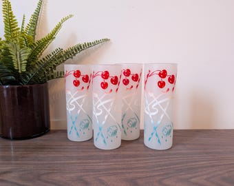 Vintage Frosted Tom Collins Glasses Mid-Century Atomic Barware Set of 4 Retro Cocktail Glasses Red and Blue Cherry and Swizzle Stick Design