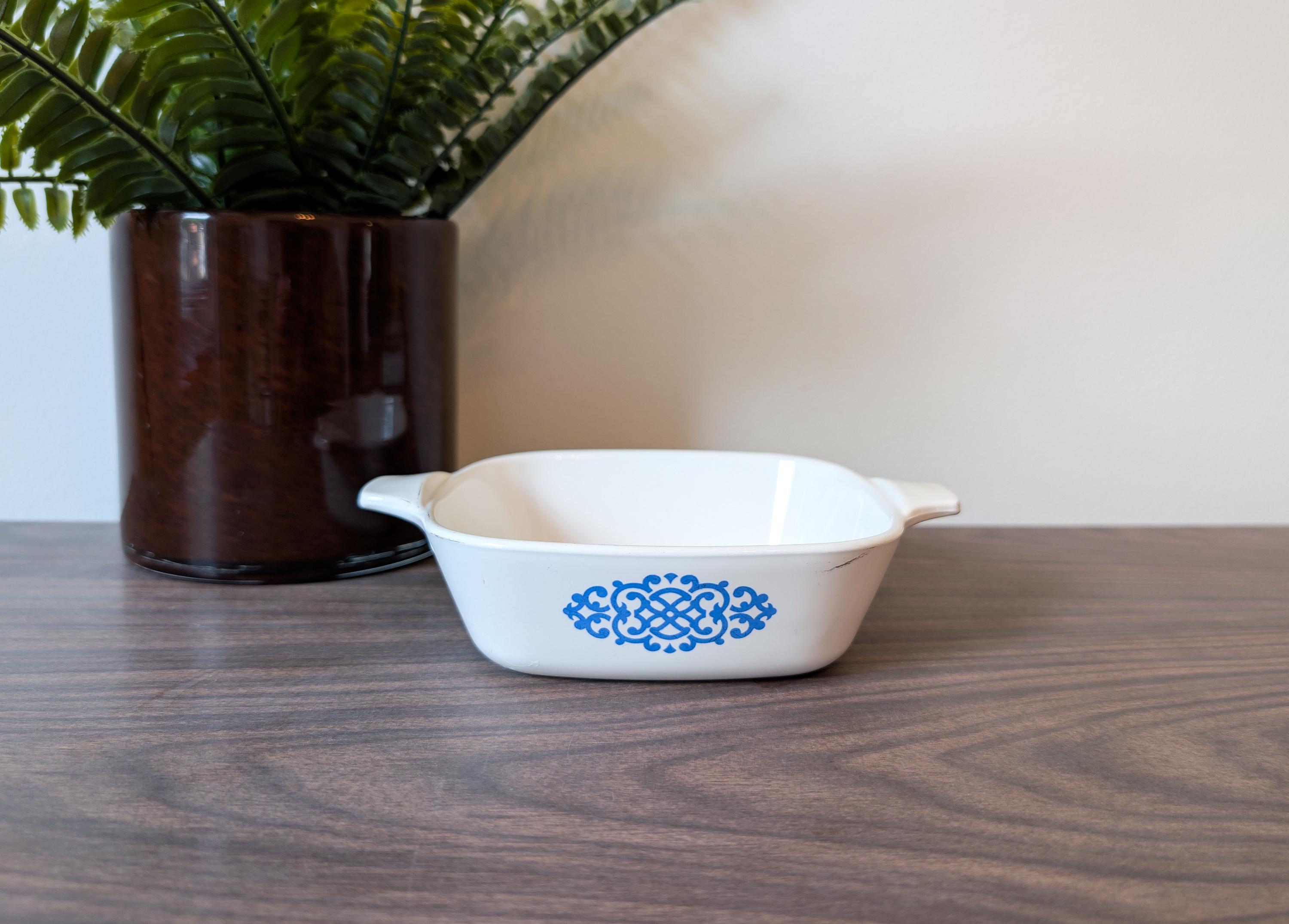 Vintage Corning Ware Blue Medallion Casserole Dish – P-41-B – 1 3/4 Cup – White with Blue Scroll Design