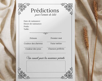 Carte pronostic baby shower, carte de prédiction de bébé, cartes conseils pour bébé, jeu de naissance bébé pour fête prénatale, imprimable.