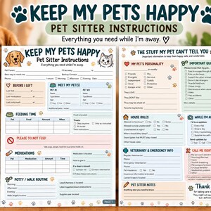 Puede incluir: Un formulario imprimible de dos páginas para cuidadores de mascotas titulado Keep My Pets Happy. El documento incluye secciones para horarios de alimentación, registros de medicación, reglas de la casa, personalidad y contactos de emergencia.