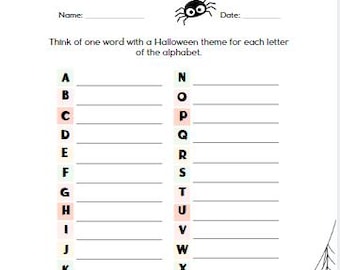 May include: A printable Halloween alphabet challenge worksheet with a spider, pumpkins, and a spider web design. The worksheet asks the user to think of one word with a Halloween theme for each letter of the alphabet.
