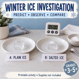May include: A science activity titled Winter Ice Investigation with the text Predict, Observe, Compare. Two white plates hold ice cubes, one labeled A: Plain Ice and one labeled B: Salted Ice. Includes a digital timer, salt, and a 1/4 tsp measure.