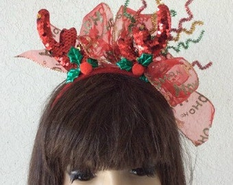 Red Sequine Reindeer Antler Headband Holly HO HO HO Ribbon Glitter Sprays Reindeer Antlers Whimsical Christmas Christmas Fascinator Headband