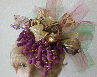 Burgundy & Gold Spiral Mardi Gras Fascinator Green Purple GoldNetting Ribbons Glitter curly strays  Mardi Gras outfit,Whimsical Fascinator