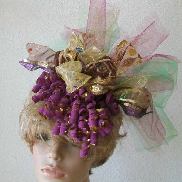Burgundy & Gold Spiral Mardi Gras Fascinator Green Purple GoldNetting Ribbons Glitter curly strays  Mardi Gras outfit,Whimsical Fascinator