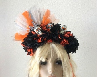 Day of the Dead headband fascinator, Orange/Black flowers Skull feathers Gemstones, dia de los muertos headband  November 1 Holiday headband
