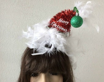 Red Glitter Santa Hat Whimsical Fascinator Hanging Ornament Christmas Headband Whimsical Christmas Christmas Attire Accessory Feathers Santa