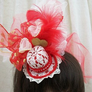 Mini Red and Beige Top Hat, Hearts, Feathers, Lace, Vintage  display picture 3
