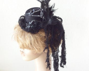 Halloween Black Sequined Mini Top Hat, Black Roses, Black Leaves, Black Feathrs Black Spider Halloween fascinator Witch Hat Costume hat