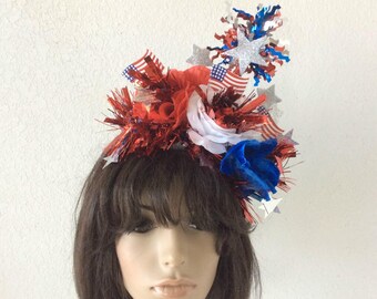 4th of July Red White Blue 3 Rose Fascinator RWB Garland 4th of July ribbon Patriotic accessory 4th of July hat 4th of July Outfit