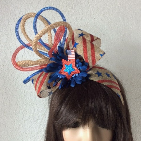 Patriotic 4th of July Red Burlap Blue headband Red/Blue Glitter Stars headband July 4th headband Patriotic fascinator Patriotic fascinator