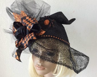 Halloween Black Lace Spider Web Free Form Witch Hat Large Glitter Orange Spider  Halloween Accessory Hat Witch Tea Party Hat Sexy Witch Hat