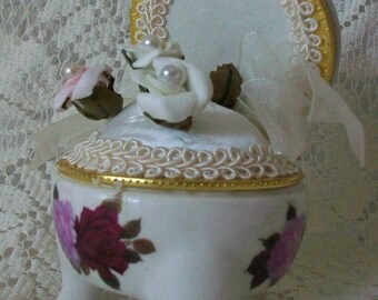 Pink Rose and White Victorian Pin Cushion Ceramic