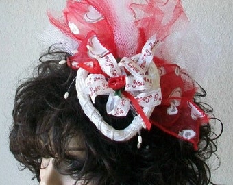 Valentine's Day Red Heart Fascinator/ribbon/hearts/roses/beading/Lollita Accessory/red white fascinator/Whimsical Valentine/wedding hat