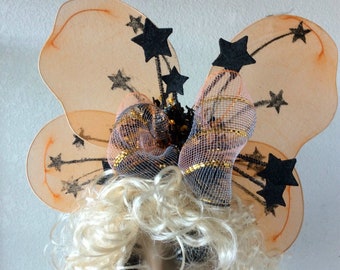 Orange & Black Halloween  Butterfly Fascinator Black Glitter Stars Mesh Bow Halloween Accessory Whimsical Halloween Hat Butterfly stars hat