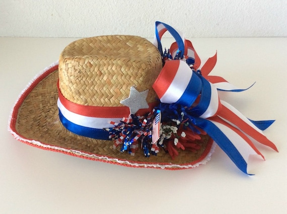 Patriotic 4th of July Red White Blue Natural Straw Cowboy Hat Stars Red Blue Satin Ribbon Silver Glitter Stars Fourth of July Straw Hat Etsy