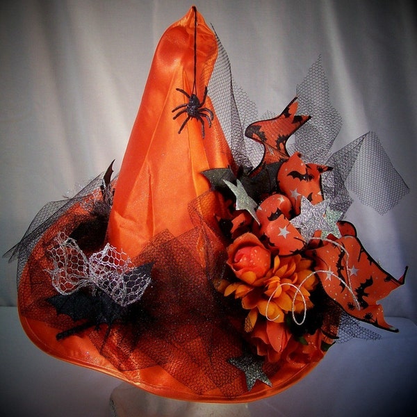 Fall Halloween Orange Black Silver Stars Childs Witch Hat Spiders Bats