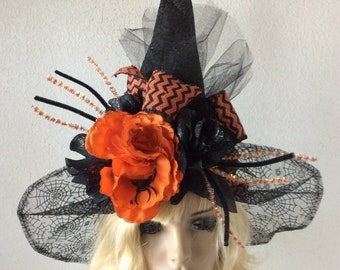 Halloween Black Lace Spiderweb Lace, Free Form Witch Hat Orange Rose Spider Halloween Accessory Hat Witch Tea Party Hat Sexy Witch Hat
