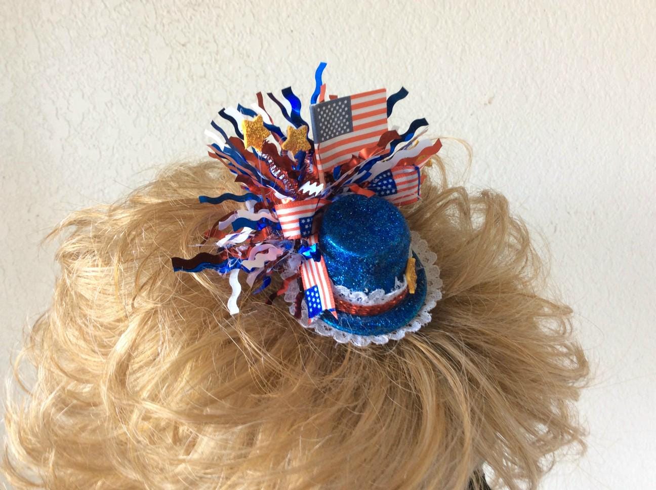 Fourth Of July Mini Blue Top Hat Fascinator Amazon.com: Bniksok Blue Glitter Mini Top Hat Headband  main image 3