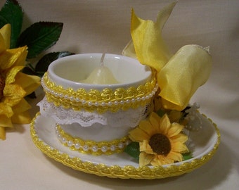 Yellow Chic Sunflower Teacup  Candleholder Ring Holder, Mother's Day Gift, Gift for Mom, Birthday Gift, Jewelry Holder, Home Decoration