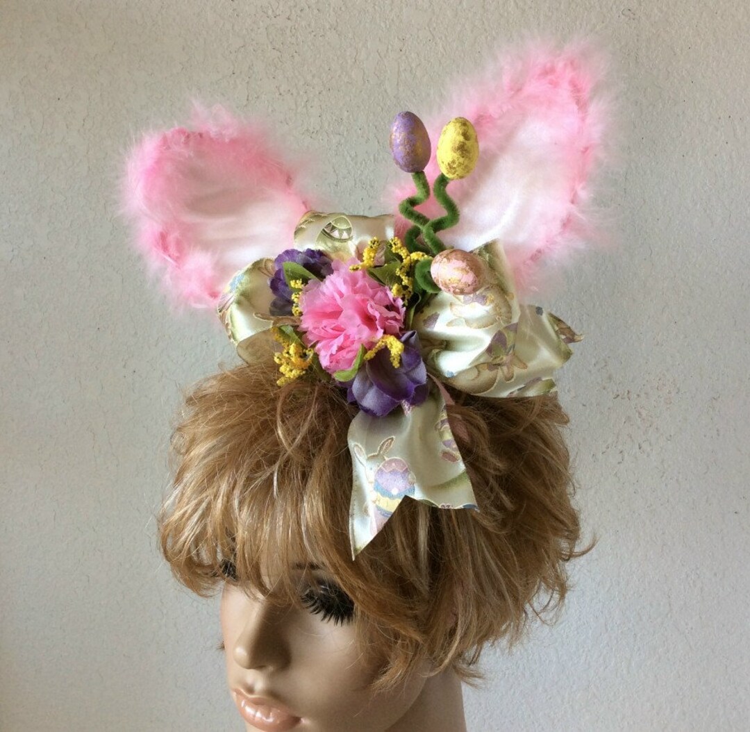 Bunny Ear Headband Pink Satin/feather Pastel Flowers Easter Egg Easter ...