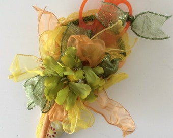 Lime Green Orange White Scissor Lemon Stripe Floral Holder Sewing room accessory, desk accessory, Holiday Gift, Birthday gift, Sewing Gift