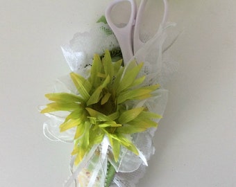 Lime Green and White Scissor Lemon Stripe Floral Holder Sewing room accessory, desk accessory, Holiday Gift, Birthday gift, Sewing Gift