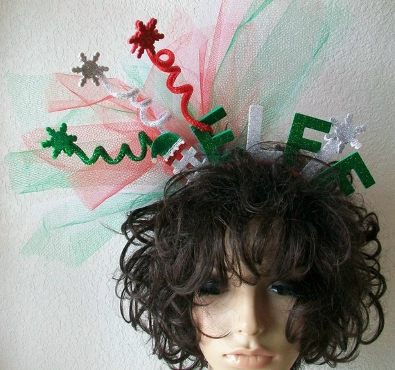 Christmas Elf Headband Glitter Red Green Silver Christmas Tree Elfie Hat And Netting Whimsical Christmas Fascinator Red Green Headband