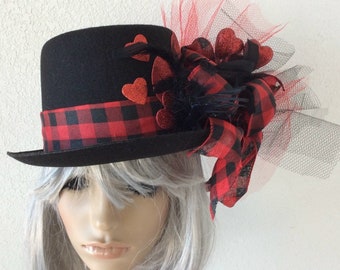 Valentine's Day Red Black Top Hat Netting Check Ribbon Glitter hearts, Steampunk Valentine's Day Hat Whimsical Valentines Day Black Top Hat