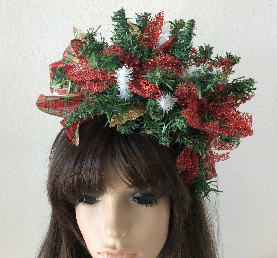 Christmas Headband Evergreen Sprays, Christmas Plaid Ribbon Red