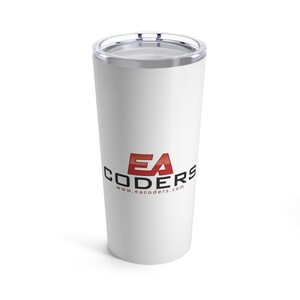 Könnte beinhalten: Ein weißer Edelstahlbecher mit einem rot-schwarzen Logo, auf dem "EA CODERS" und "www.eacoders.com" steht.