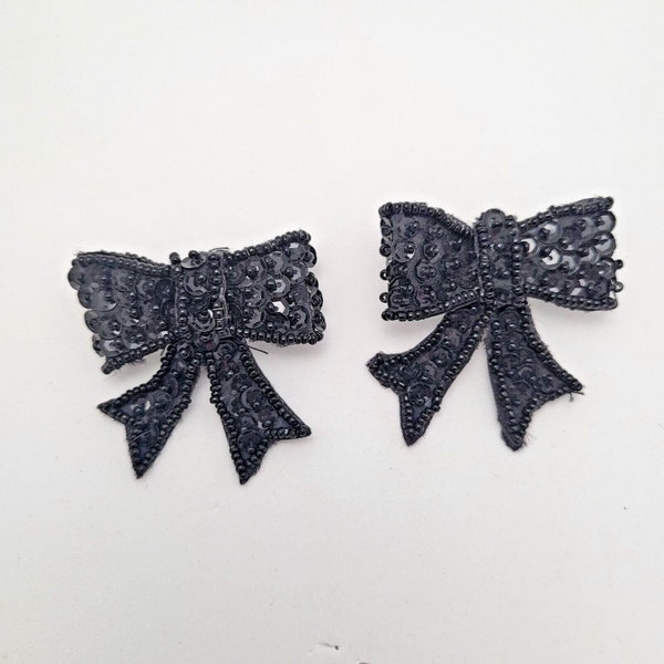 Black Sequin Seed Bead Bow Pierced Earrings 1980s Stud Fabric Prom Jewelry