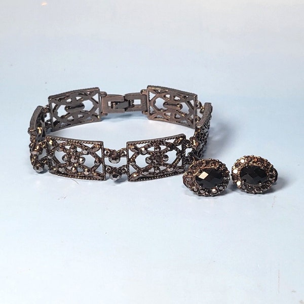 Monet Gunmetal Panel Link Marcasite Bracelet & Clip On Earrings Set Art Deco