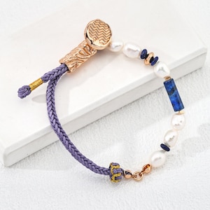 Pulseira Lapis Pearl Serenity | Prata esterlina S925 banhada a ouro 18k, cordão de cânhamo, lápis-lazúli, pingente presente para ela presente para ele presente de aniversário, natal