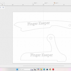 May include: A digital design interface displaying two vector outlines of a component labeled Finger Keeper. The top shape is elongated and curved, while the bottom shape features a perpendicular extension. Both outlines include a circular hole.