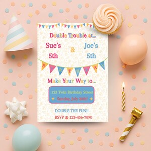 Faire-part personnalisé de jumeaux neutres, invitation d'anniversaire commun pour fête numérique, carte de célébration d'anniversaire double problème modifiable personnalisée
